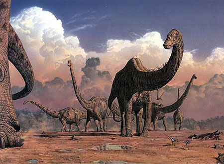 Sauropods on the march in Mark Hallett's painting of a social herd of these huge creatures